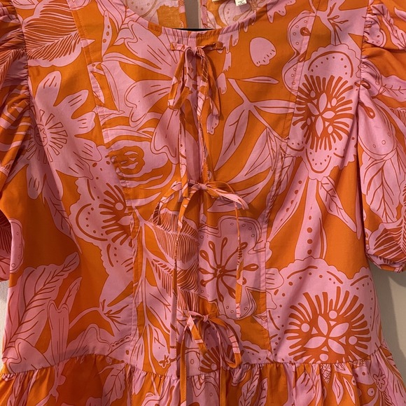 Melloday Floral Tie Front Top Pink Orange Size S Puff Sleeve Ruffles Boho Preppy - Picture 5 of 8